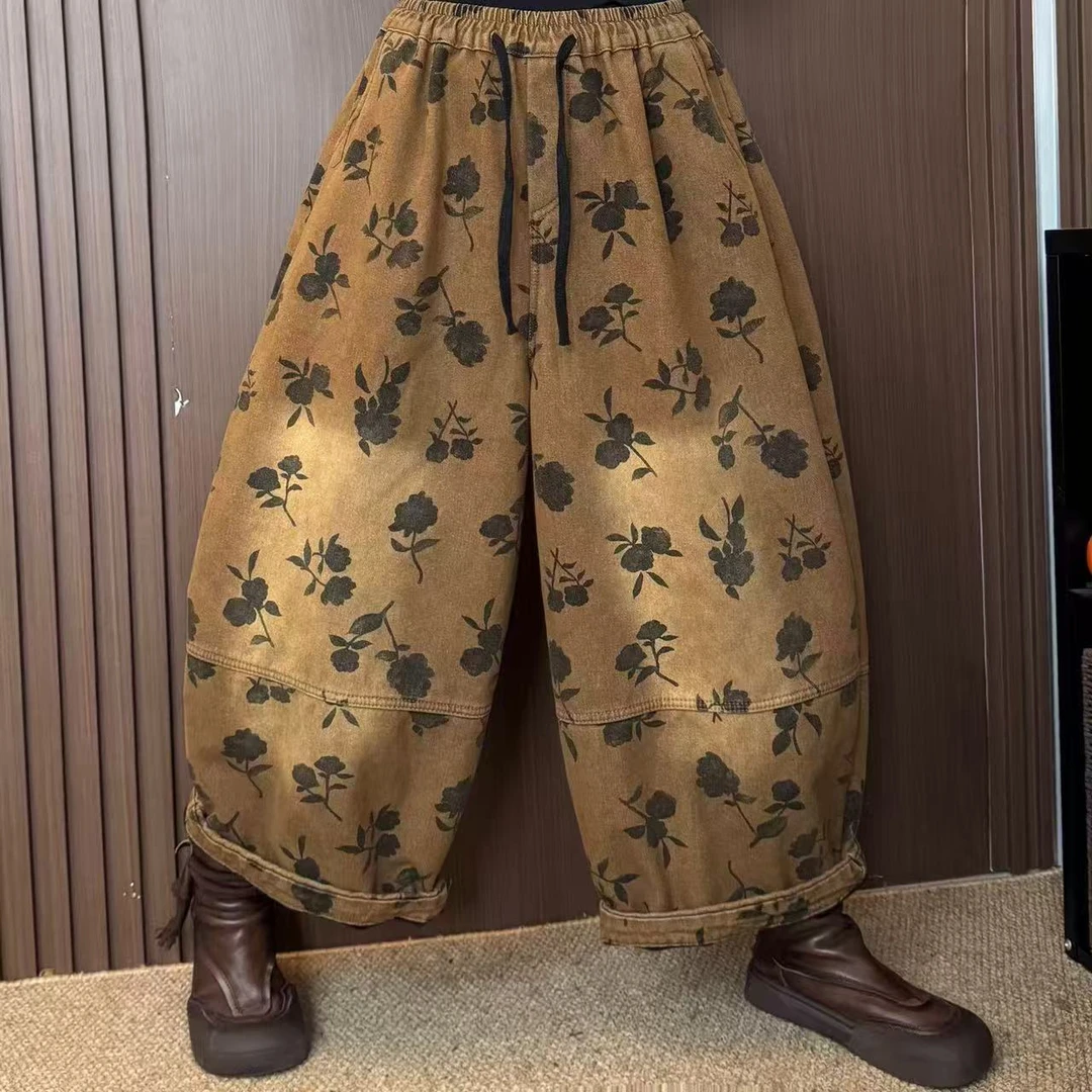 C3338秋冬新款加绒加厚休闲裤女印花设计感炒色女裤86长140臀围