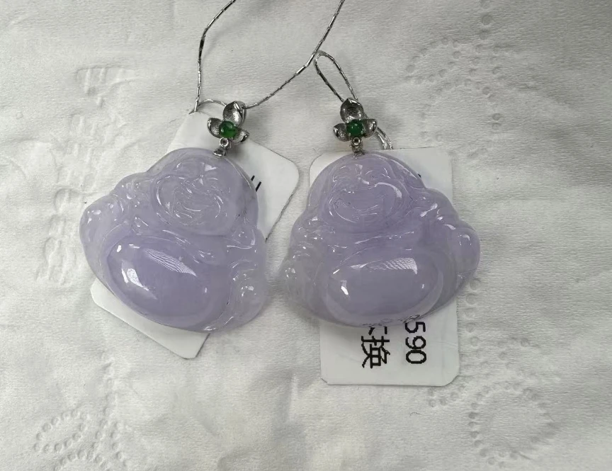 天然缅甸a货翡翠18k白金三花扣头紫佛公（多样性发其一）