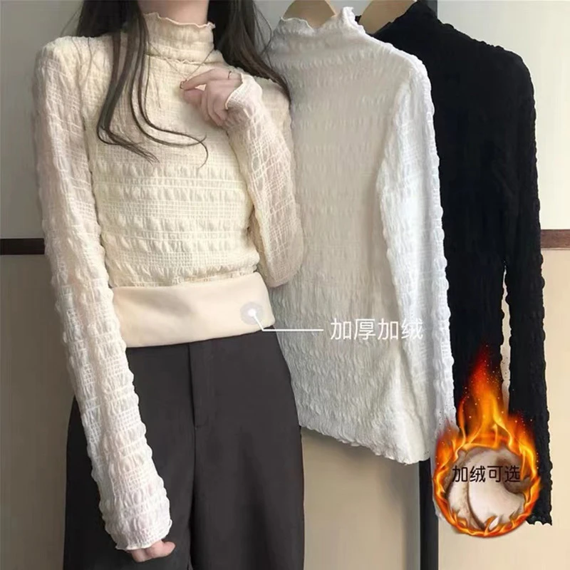 泡泡蕾丝内搭打底衫女内搭百搭新款外穿加绒加厚保暖蕾丝衫ZLM