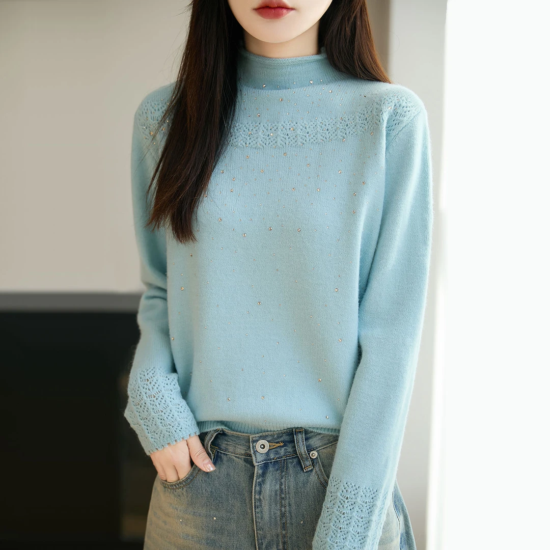 半高领提花羊毛衫女秋冬新款纯色时尚减龄宽松显瘦毛衣百搭打底衫