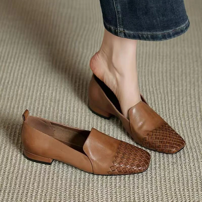 法式复古棕色乐福鞋女新款编织低跟女士皮鞋真皮平底单鞋A019