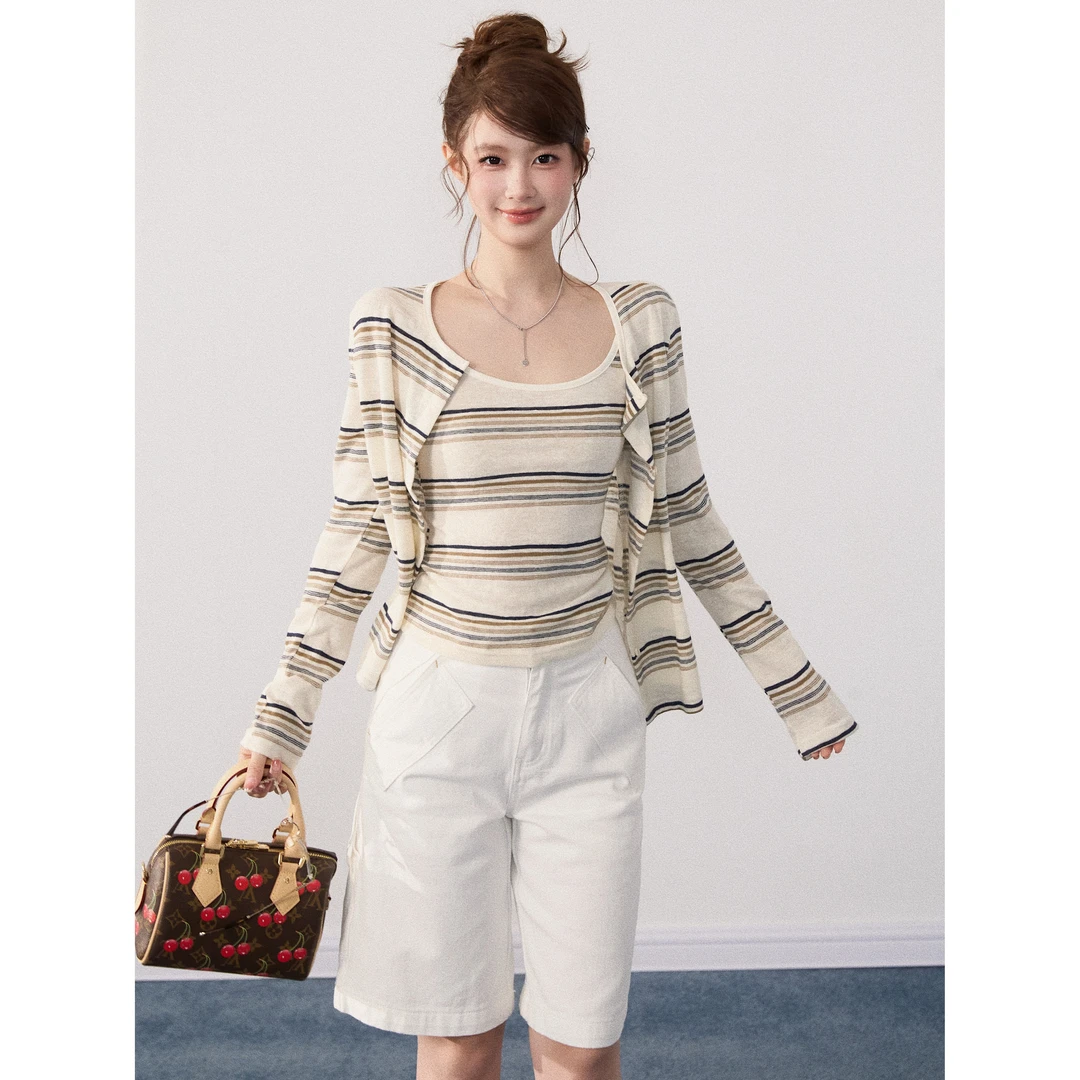 【谢不肉】条纹针织设计感吊带背心夏季气质开衫上衣套装01129