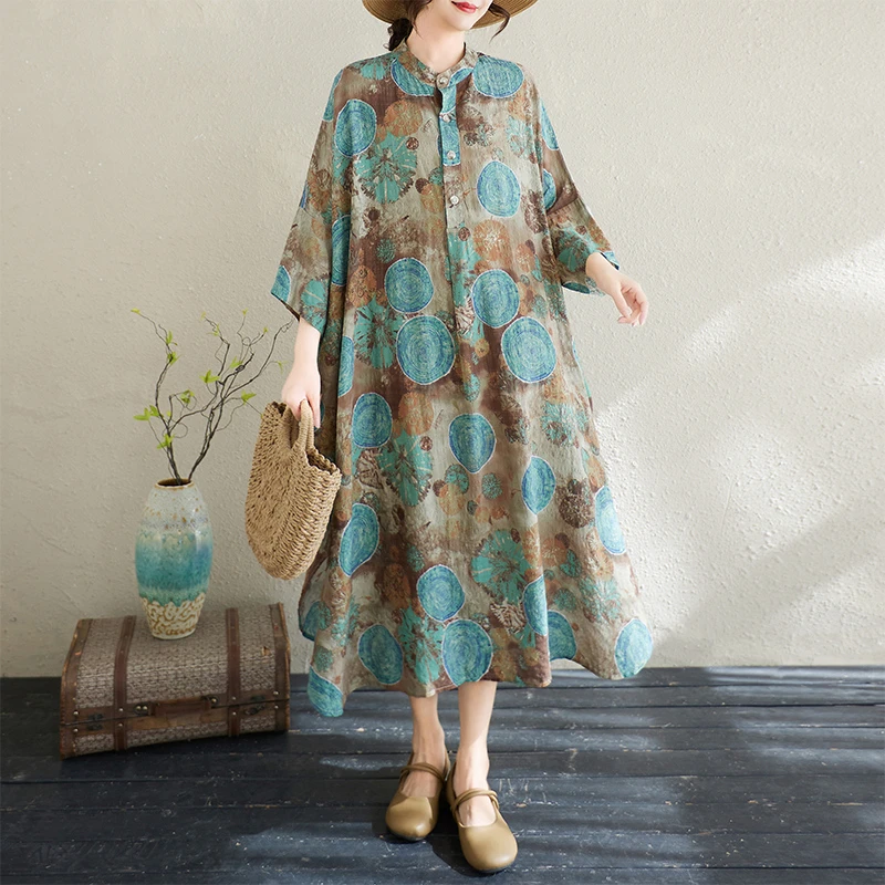 品牌折扣店时尚减龄棉麻连衣裙女秋大码宽松复古印花V领短袖长裙