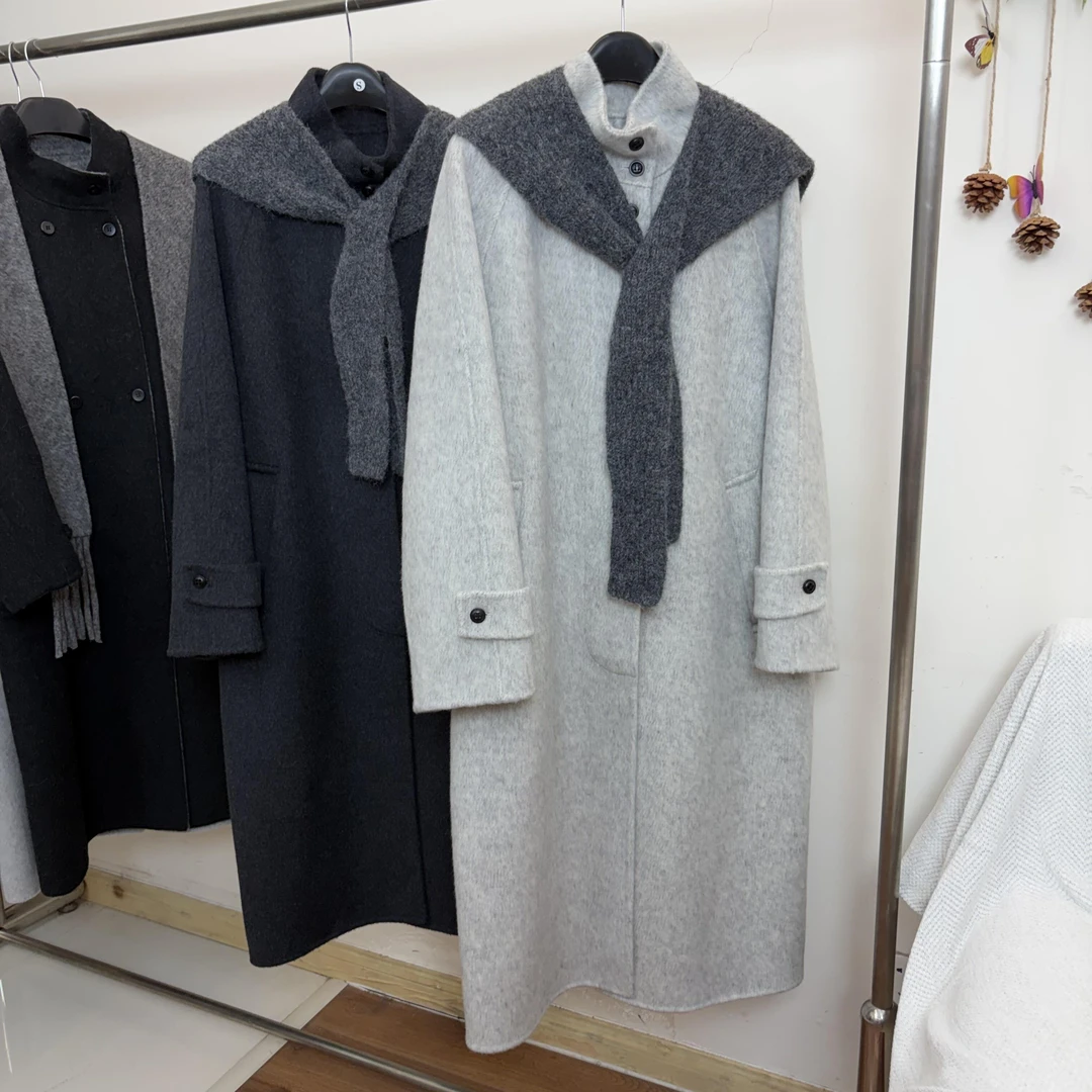 25新款秋冬高级感翻领双面羊大衣 长款羊毛外套气质单排扣2件套