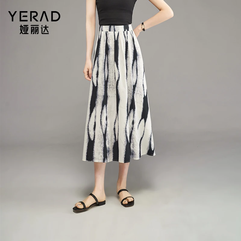 【奥莱专享】娅丽达国风水墨印花半身裙女a字伞裙松紧腰显瘦长裙