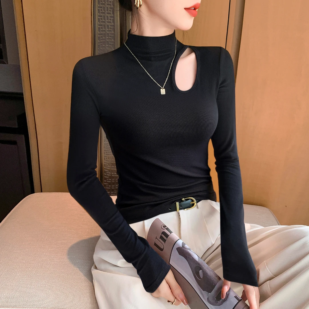 半高领打底衫女内搭秋冬新款高级感修身长袖镂空紧身针织上衣薄款