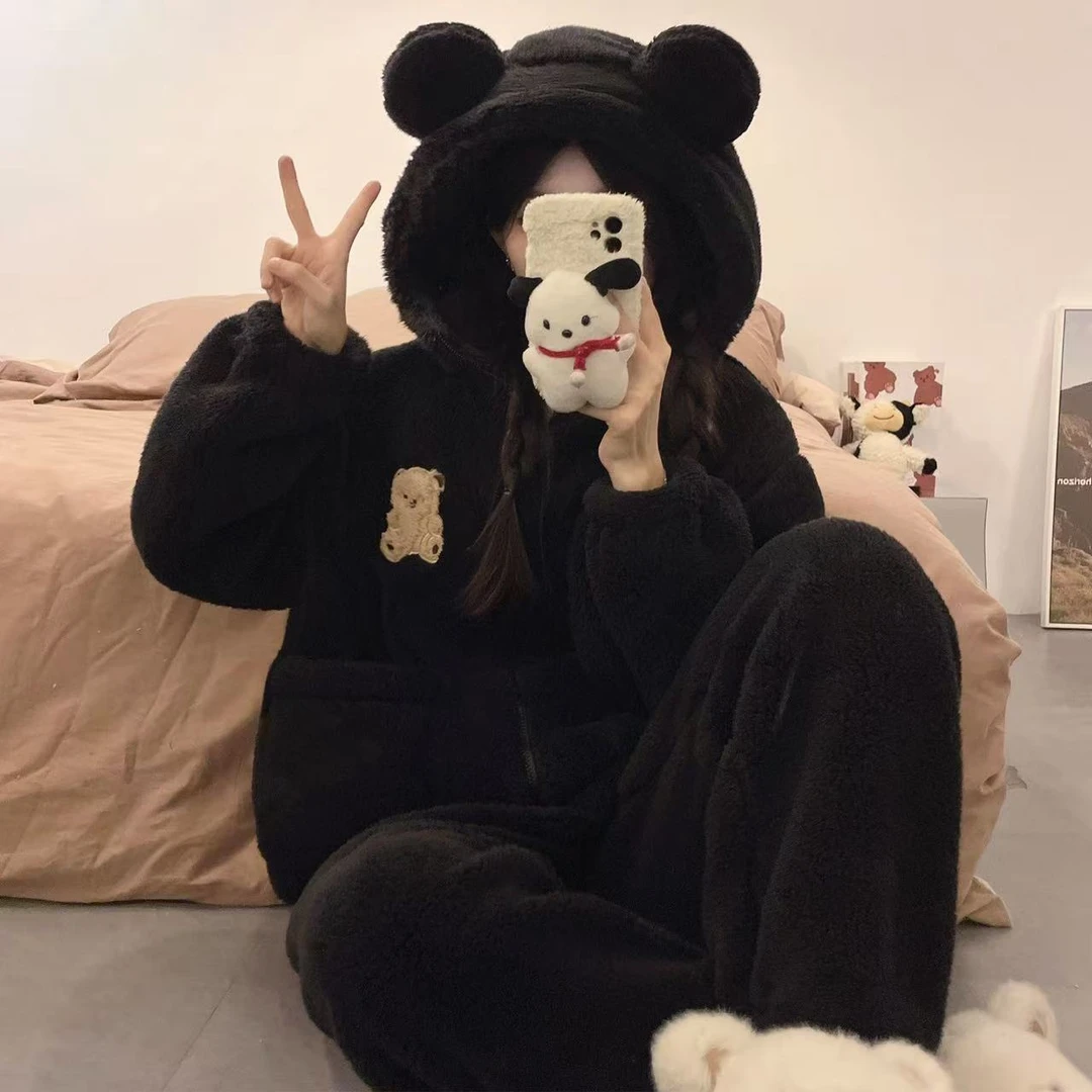 【草莓-美拉德小熊】加绒加厚连帽情侣同款睡衣家居服保暖冬季