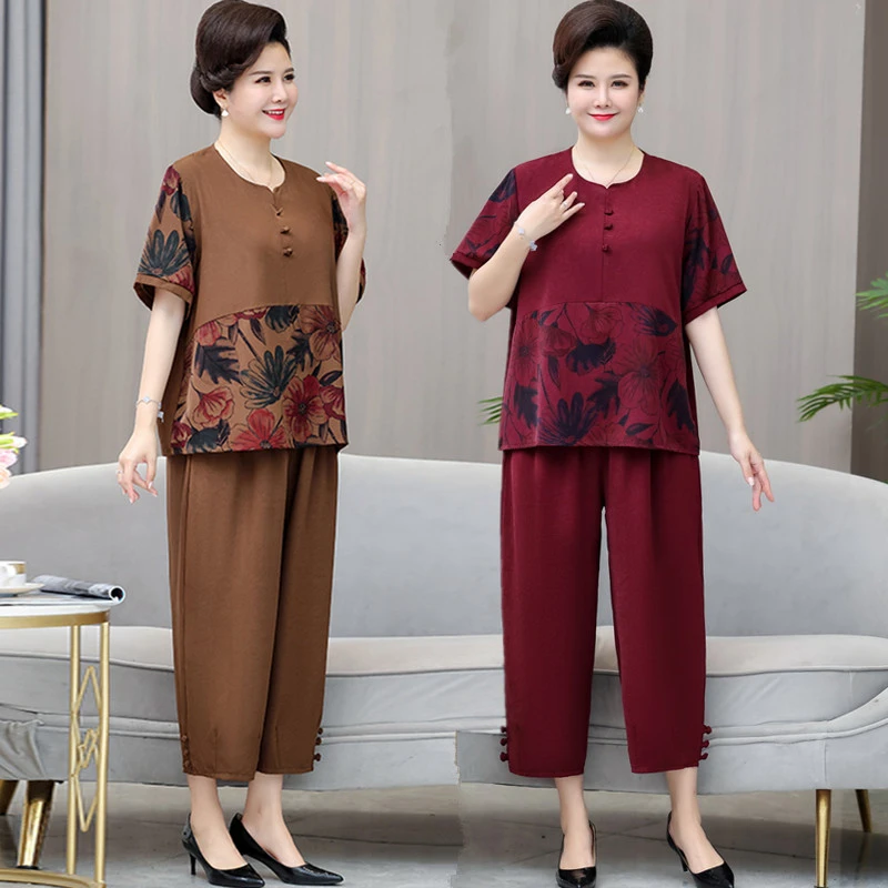 夏季大码妈妈装新中式短袖套装中老年上衣民族风胖妈妈两件套