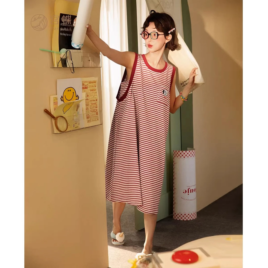 宫蝶【凉感型】迪士尼斑点狗睡裙女士夏季纯棉条纹无袖睡衣带胸垫