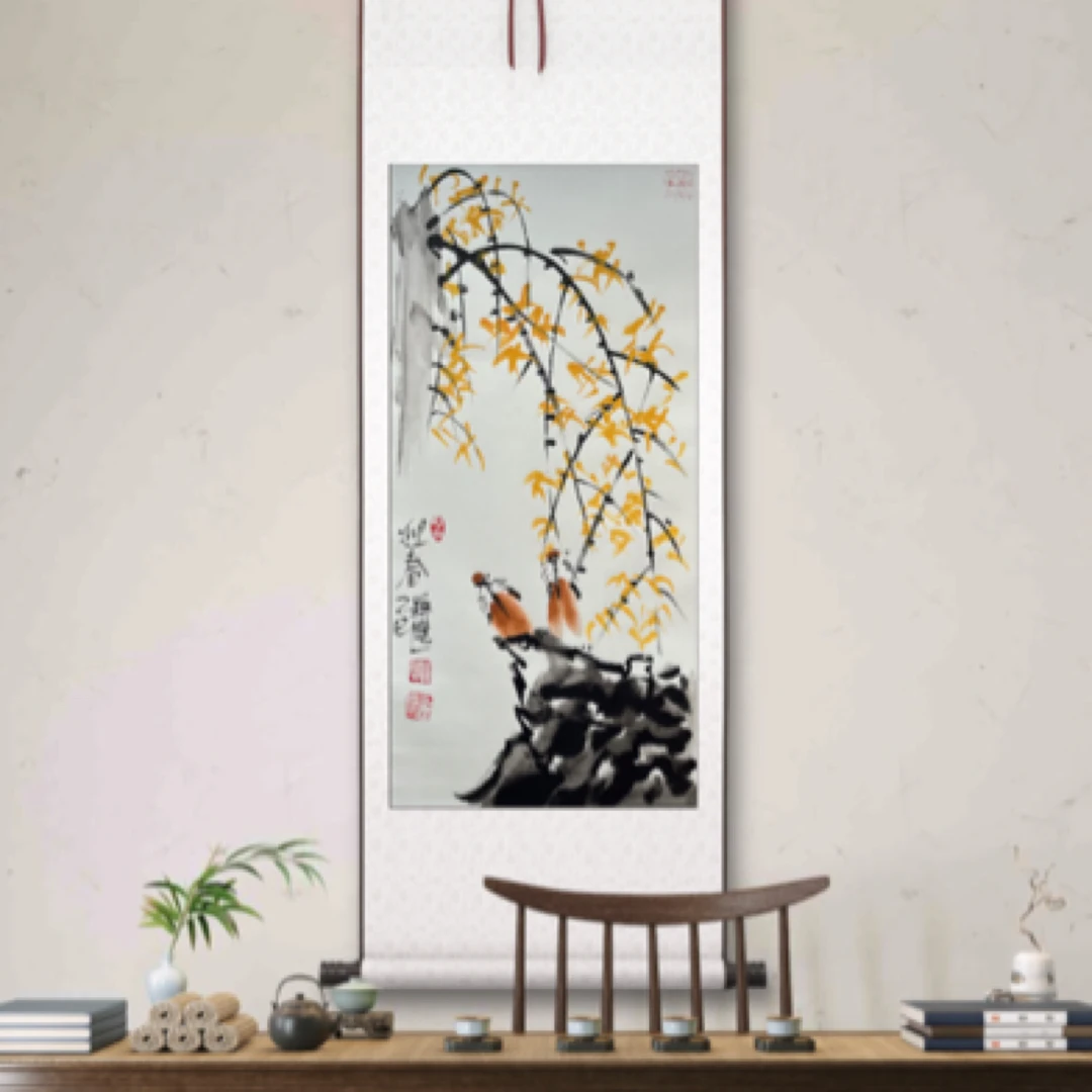 释隆一手绘《迎春花》卷轴130*50cm