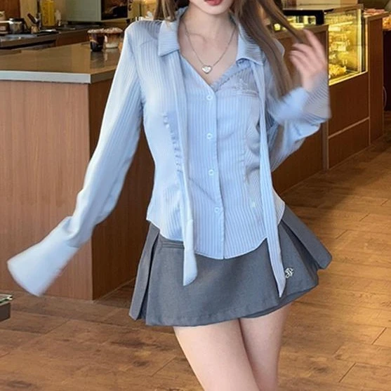 E辣妹POLO领纯欲条纹飘带衬衫25年秋新款收腰显瘦时尚短裙两件套