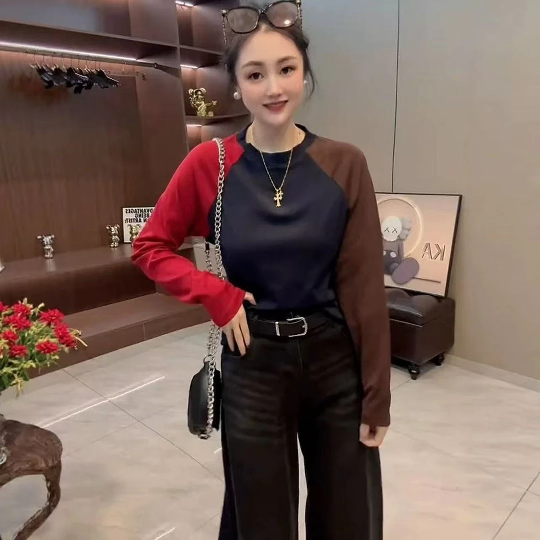 大码女装—68522欧货设计感拼接圆领撞色长袖t恤女内搭打底衫上衣