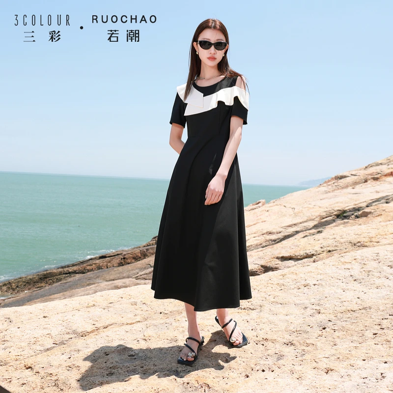若潮大码女装2025夏秋新款连衣裙圆领收腰短袖设计感胖MM
