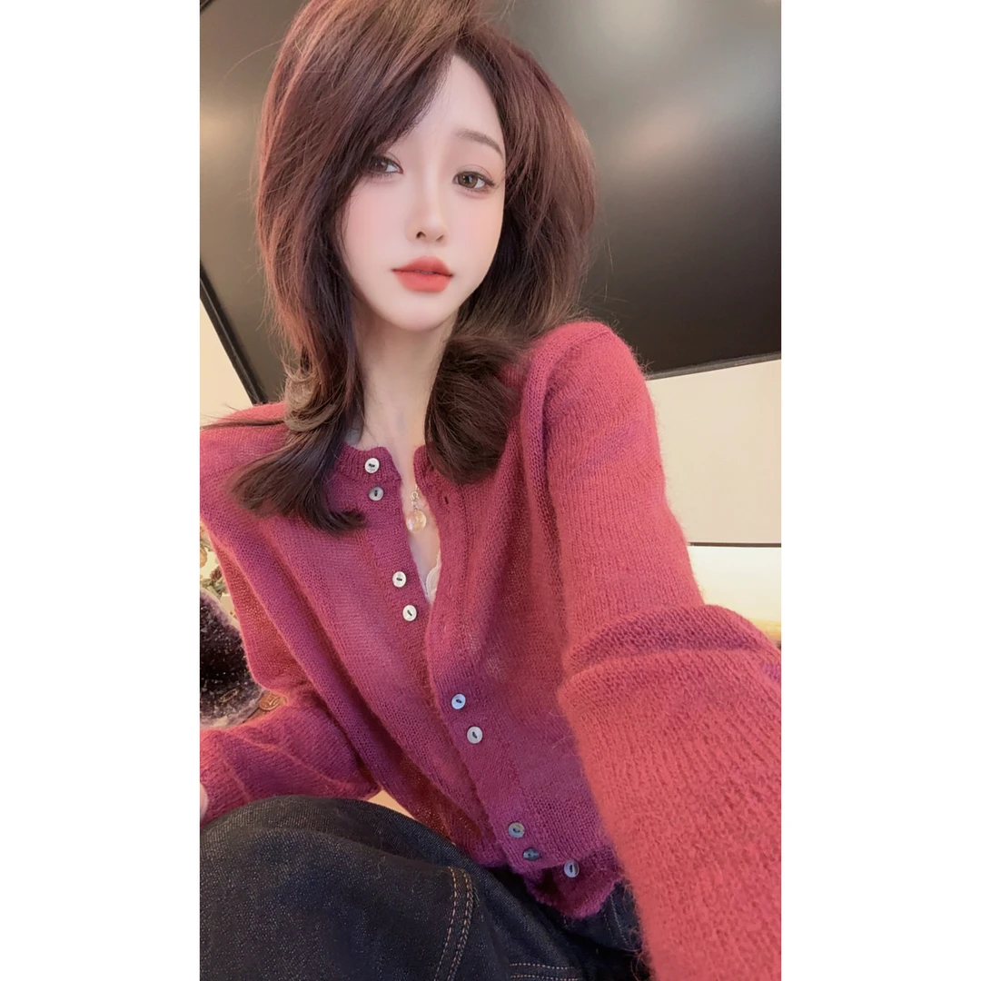 【陈陈私服】时尚纯色长袖针织开衫洋气慵懒减龄毛衣26010203