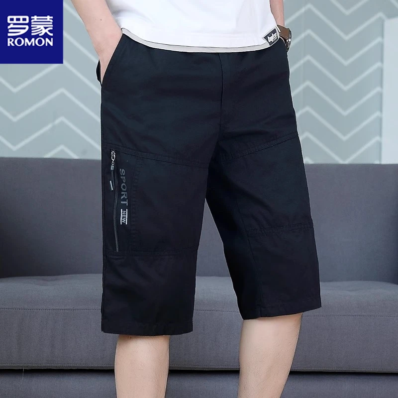 Romon/罗蒙夏季男士七分裤百搭薄款纯棉短裤男潮流直筒宽松休闲裤