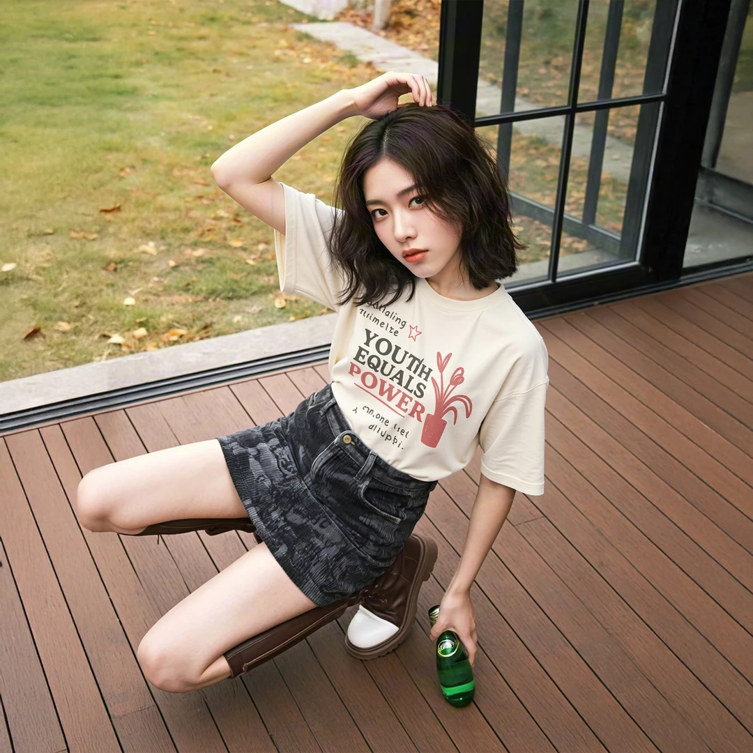 YEP复古印花正肩短袖t恤男女夏季新款潮牌情侣装半袖宽松百搭上衣
