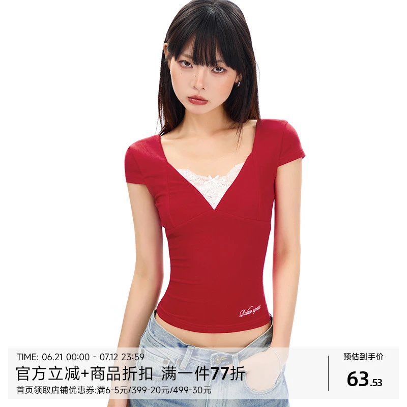 APEA紧身短袖T恤女2025夏季新款撞色拼接蕾丝蝴蝶结假两件V领上衣