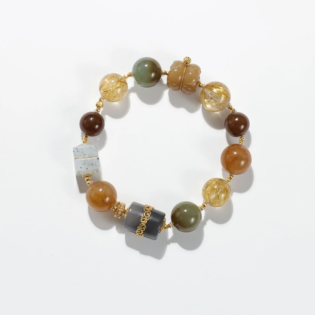 【金镶玉】和田玉手串糖玉烟紫钛晶设计款18k金