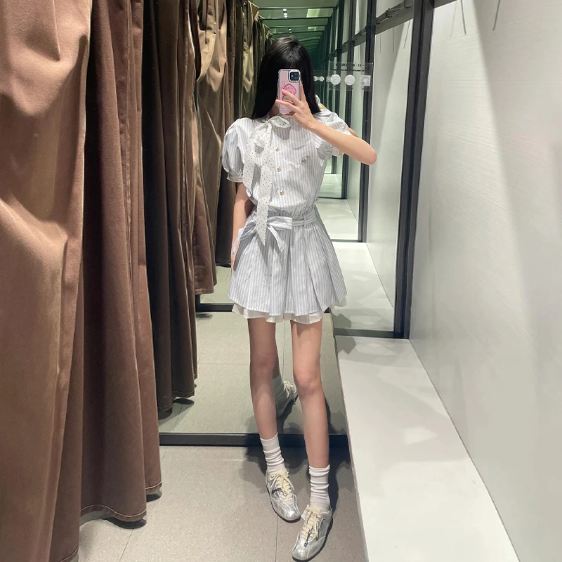 学院风蓝色条纹衬衫连衣裙子女2025夏季小个子高级感气质短裙2938