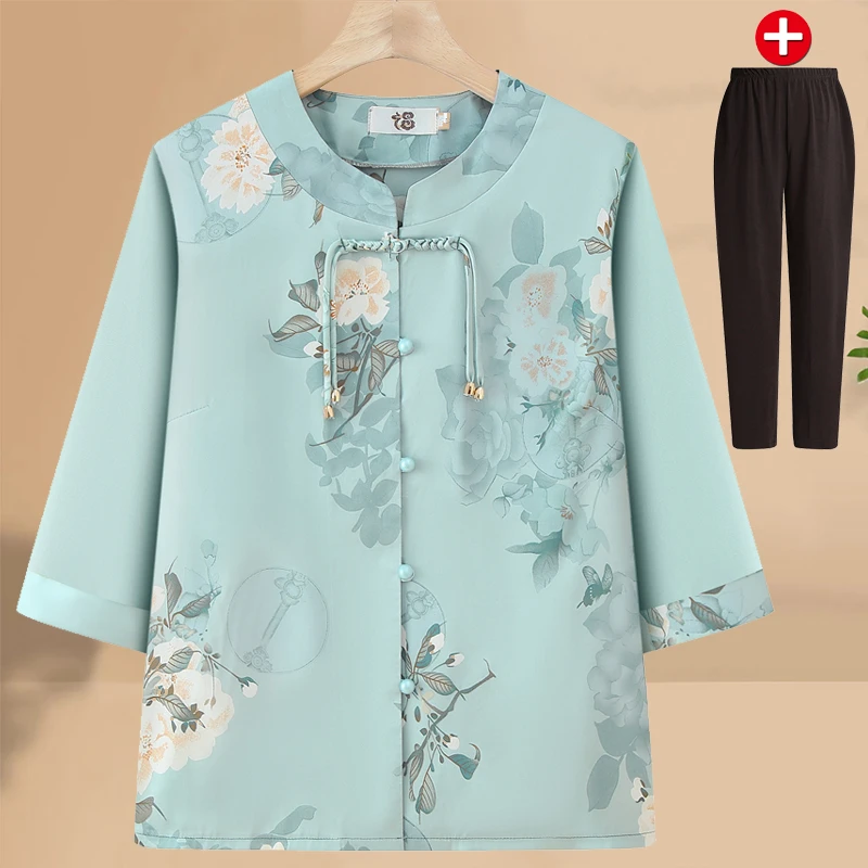 老年人衬衫套装夏装女新款奶奶装薄中式妈妈衬衣老太太夏季套装
