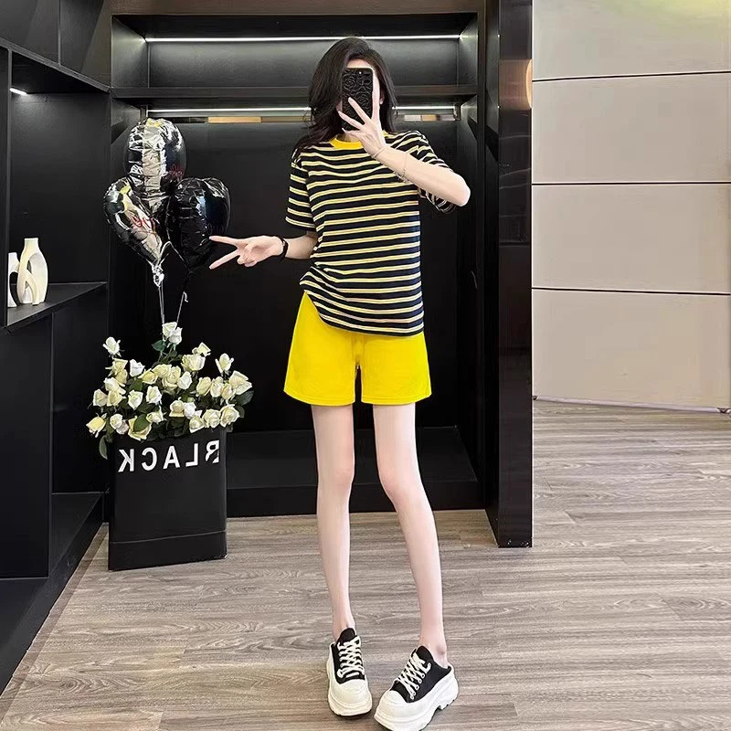 睡衣女夏季两件套宽松条纹胖mm加肥大码裤套装休闲运动家居服潮