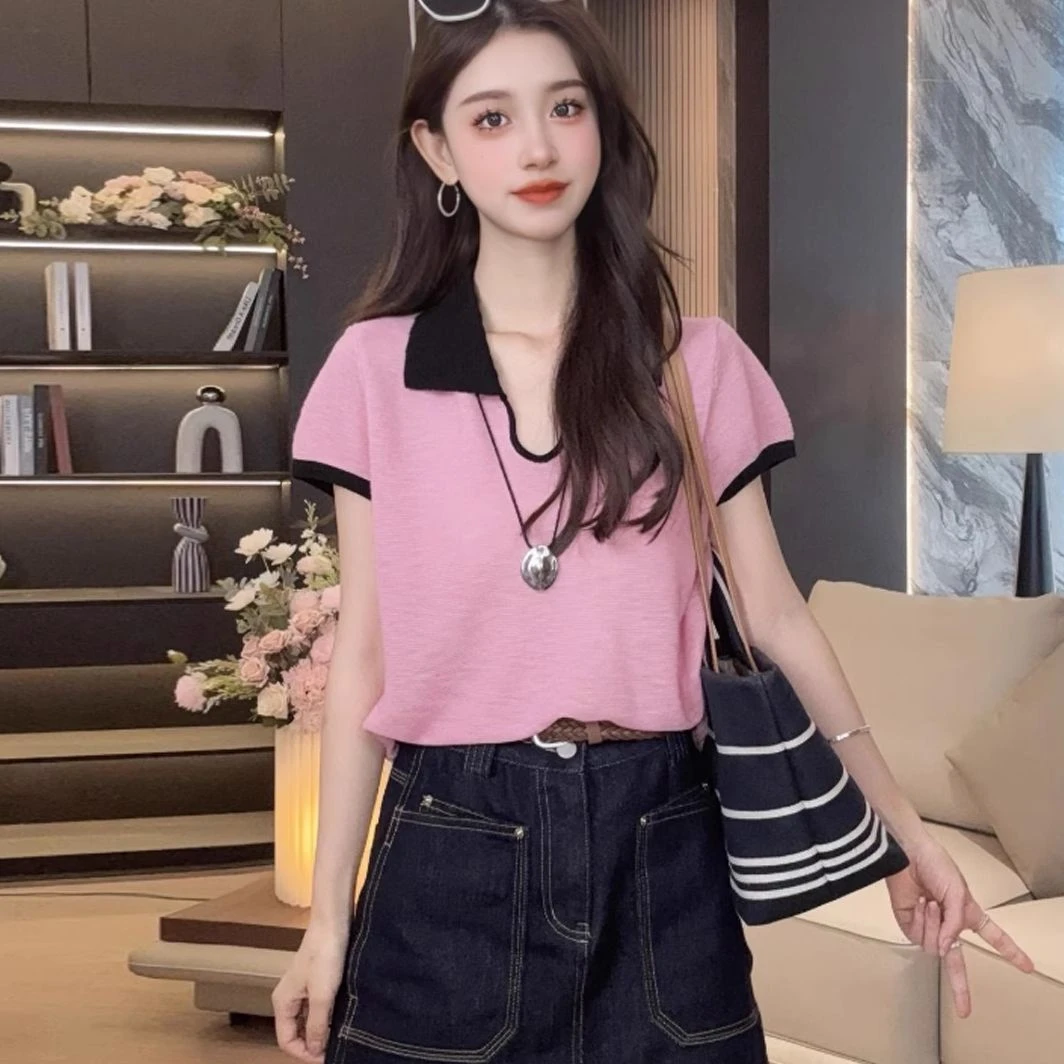 冰丝针织衫百搭上衣时尚撞色短袖T恤女夏季新款洋气2025显瘦减龄