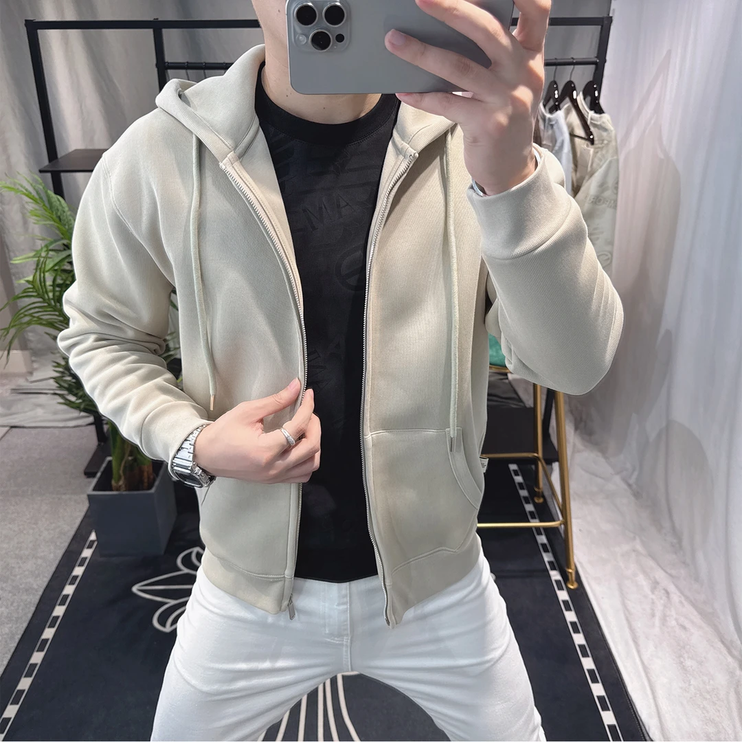 欧洲站男时尚连帽个性卫衣潮流百搭纯色宽松外套长袖上衣休闲运动