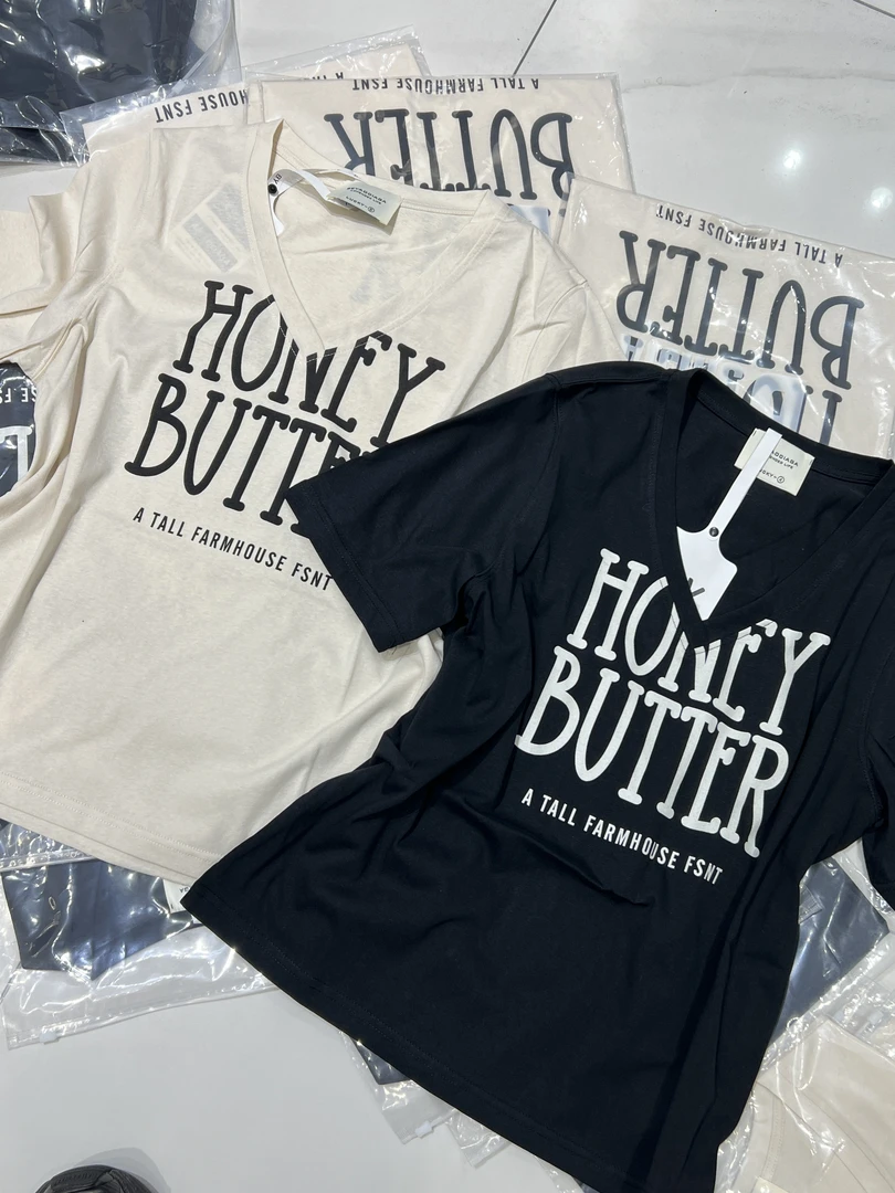 【蕾姐】印花V领常规款拼接休闲风短袖T恤黑色韩版时尚夏季黑白6626