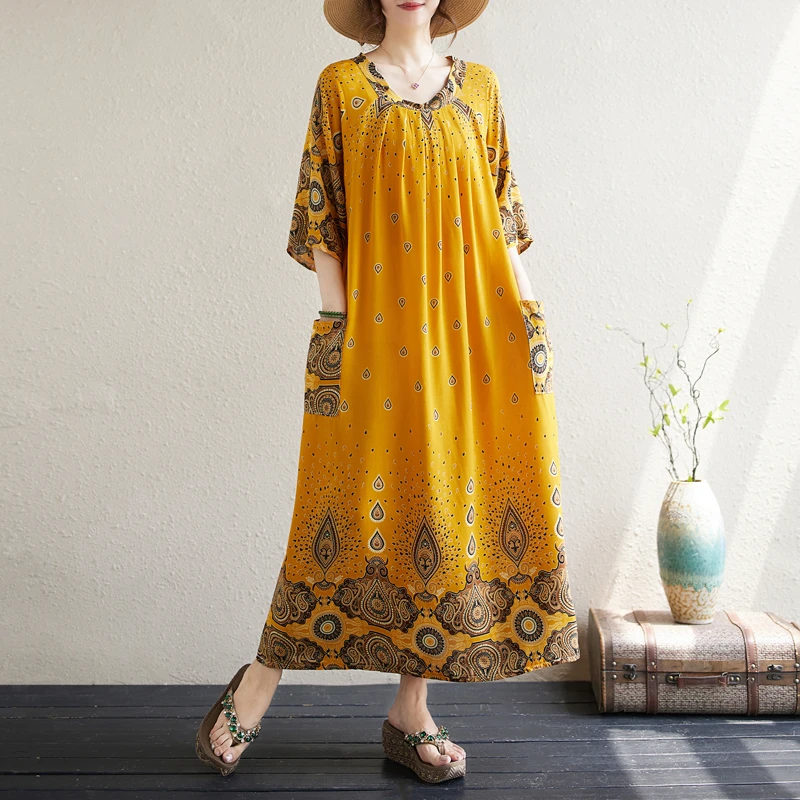 外贸法国单大码女装绵绸碎花气质妈妈显瘦度假风波西米亚连衣裙女
