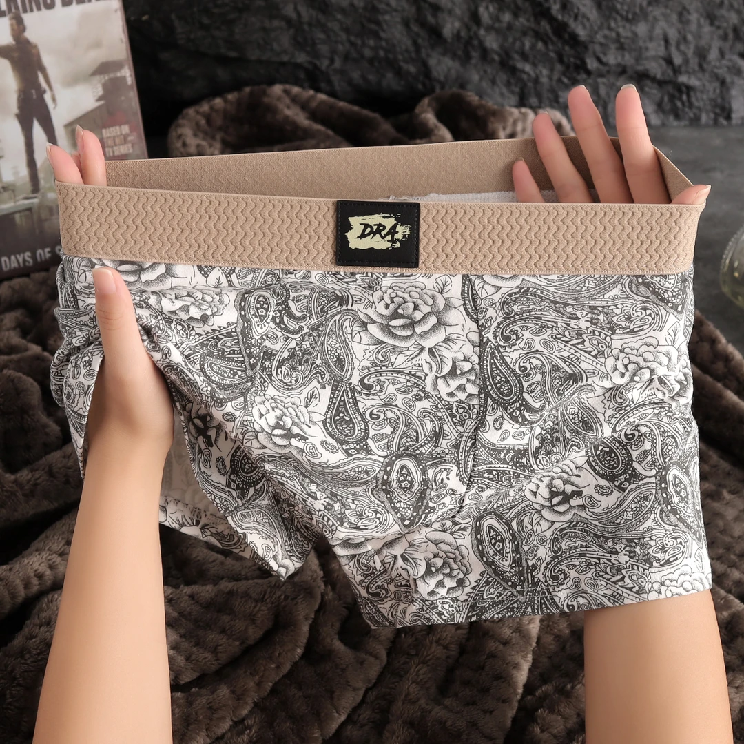 新中式古典风男士内裤潮流棉质内裤男山茶花平角裤中腰透气四角裤