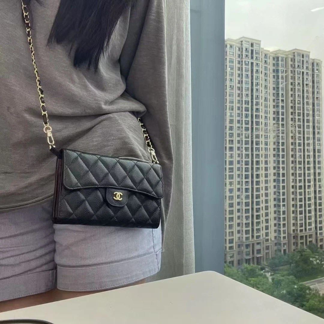 95新 Chanel/香奈儿 香奈儿cf长款钱包三折黑金牛荔枝纹
