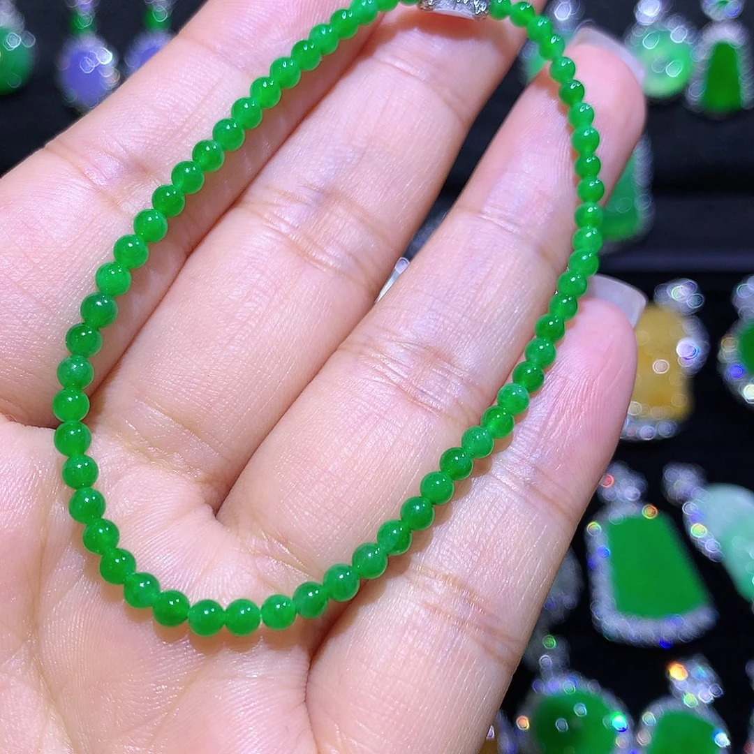 翡翠18K金镶嵌手链高冰满绿小米珠