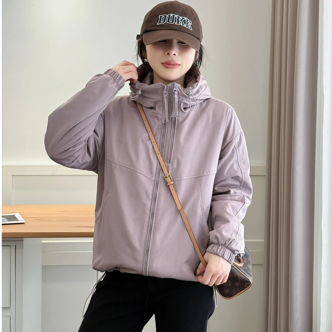 双拉链冲锋衣外套女2025新款连帽时尚设计感宽松百搭韩版夹克上衣