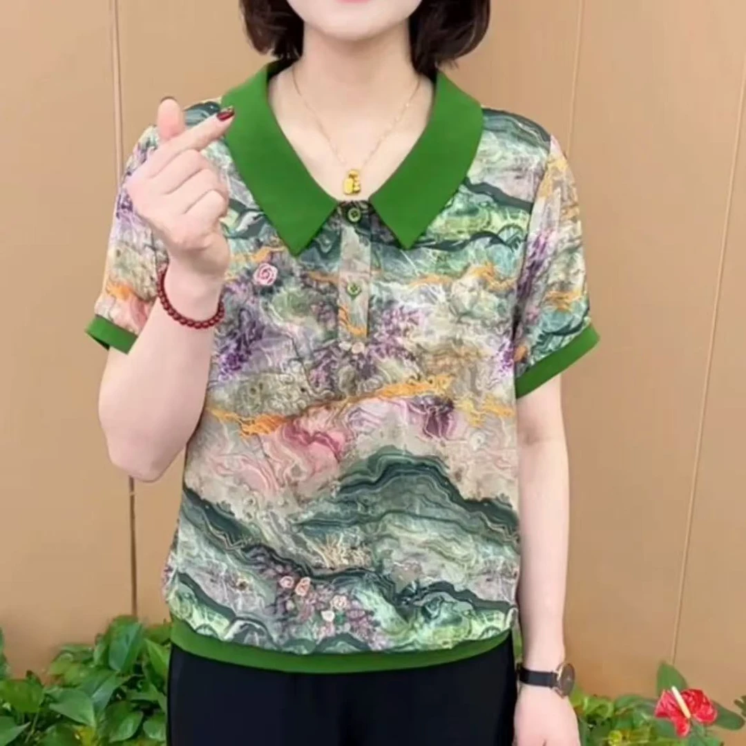 妈妈装夏季新款薄款娃娃领花色透气凉快显瘦中老年女士短袖上衣