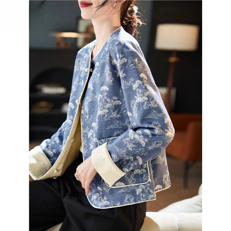 国风圆领提花牛仔短款外套女2025春季设计感新中式百搭上衣