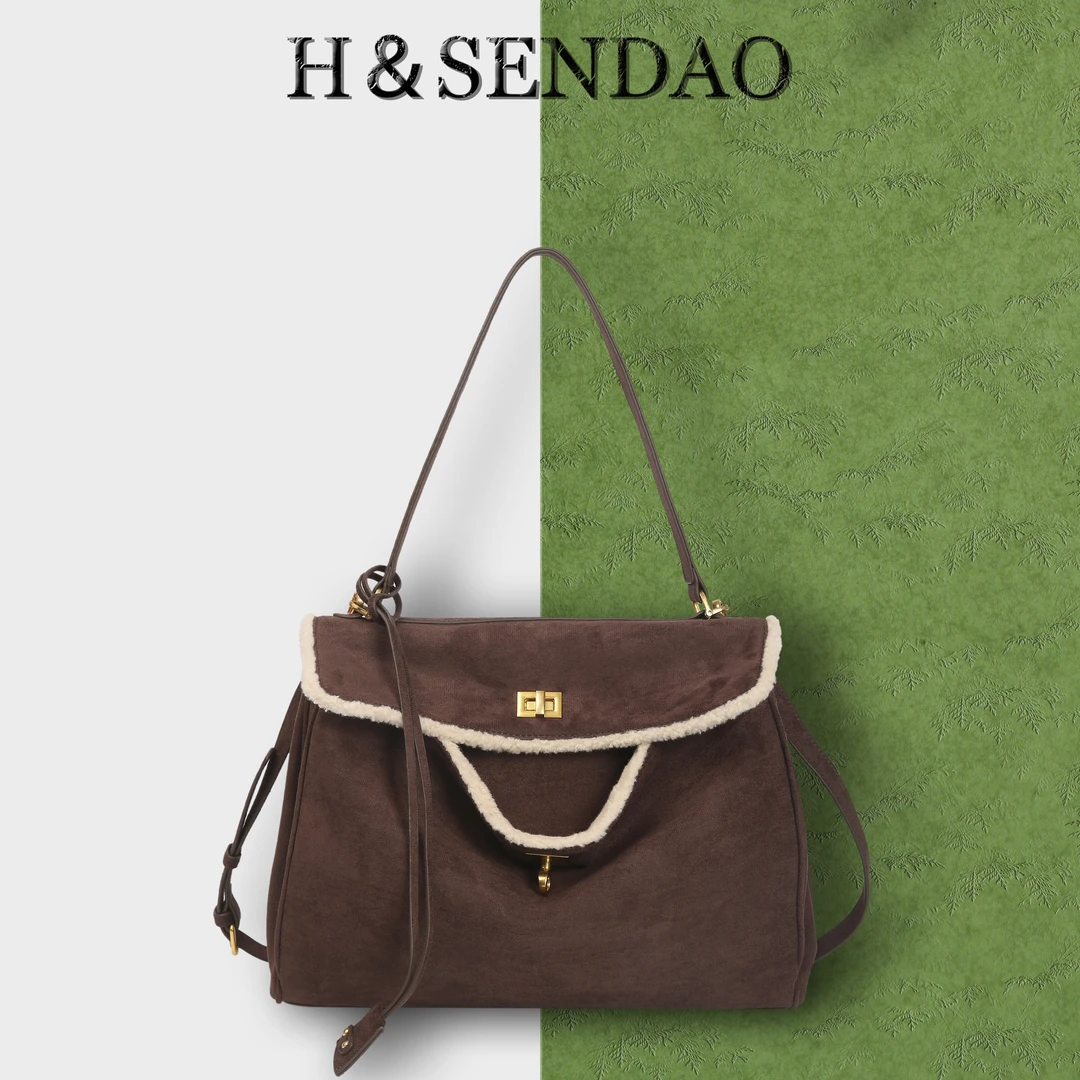 H&SENDAO森岛羊羔毛风凯莉包秋冬经典单肩包慵懒斜挎包