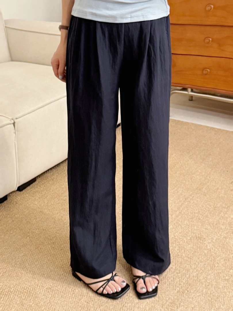 大妍小个子韩系夏季简约百搭薄款天丝亚麻直筒窄版阔腿裤长裤9315