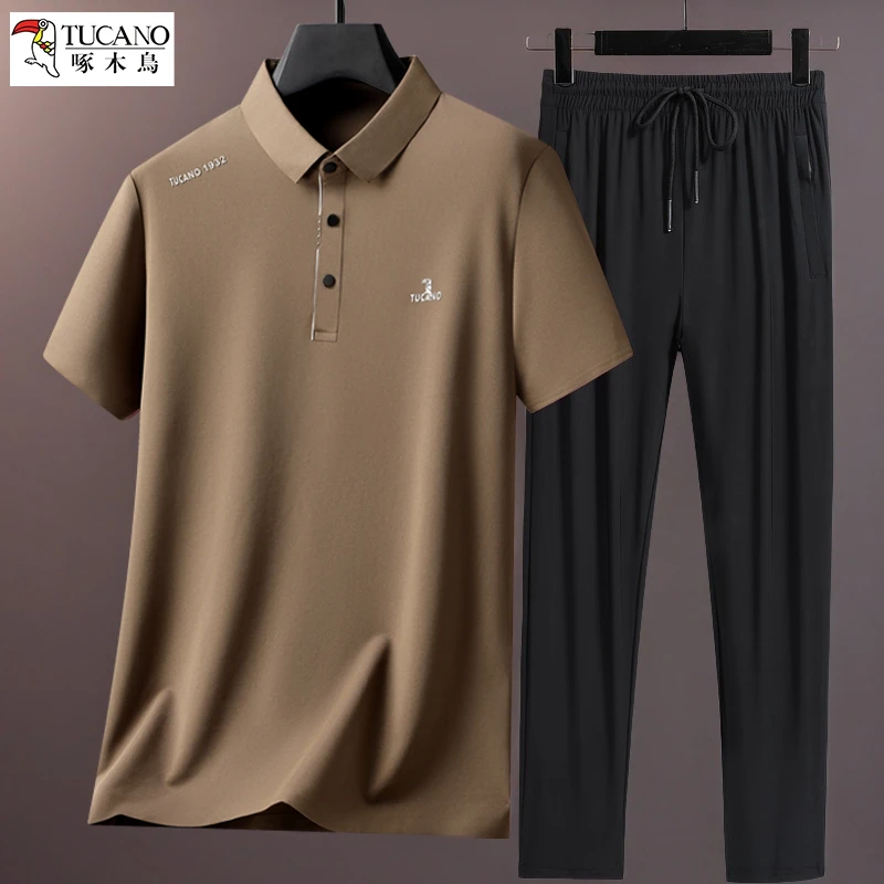 啄木鸟冰丝套装男士爸爸装夏季薄款透气速干短袖中老年弹力休闲裤