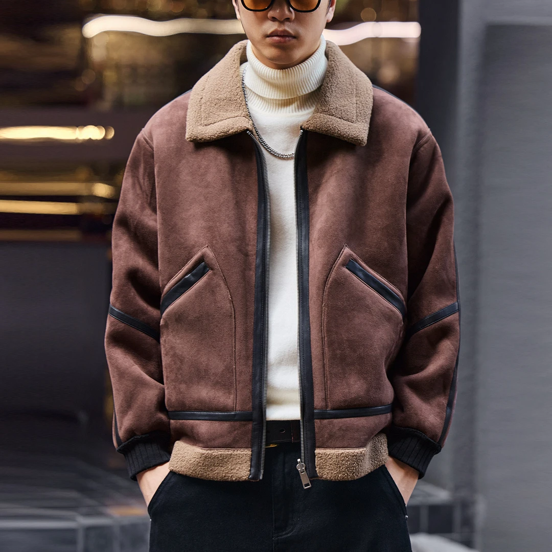 格蓝鹿皮毛一体羊羔绒两面穿棉服男冬季潮牌保暖加厚男士棉衣夹克