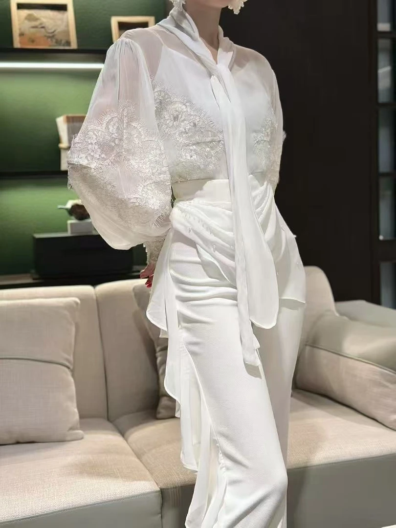 重工钉珠网纱拼接钉珠细闪精致华丽感微喇裤51