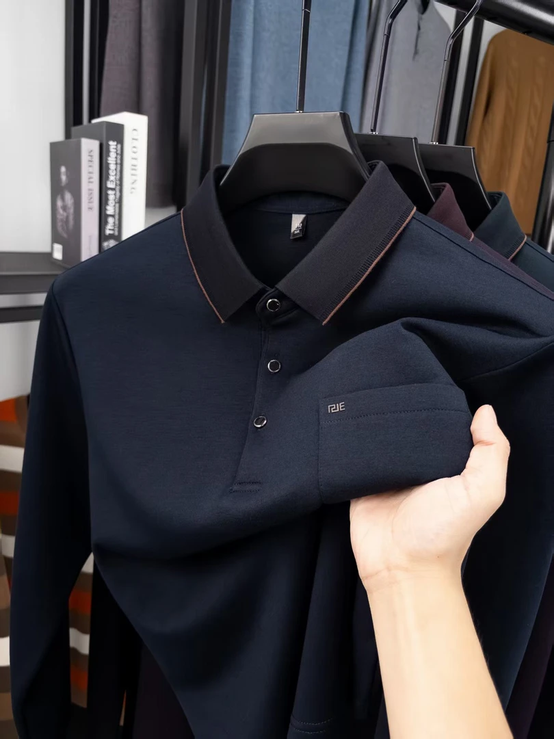 2025秋季开场长袖口袋爸爸中年体恤衫男士翻领休闲男装polo纯色