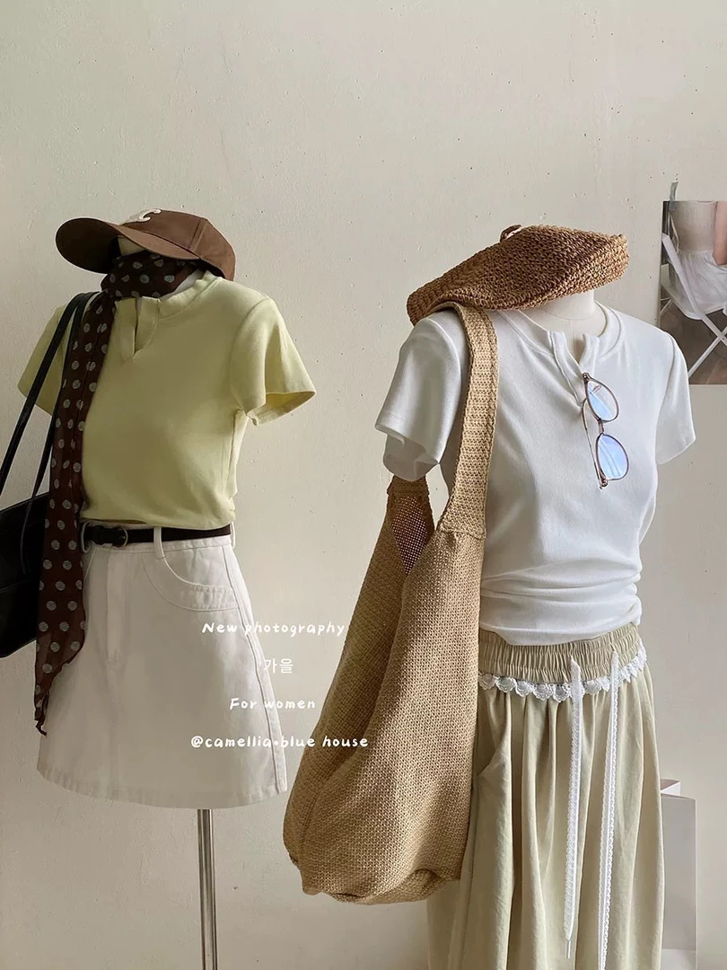 【现货】休闲短袖正肩T恤女春夏修身百搭高弹显瘦百搭打底上衣