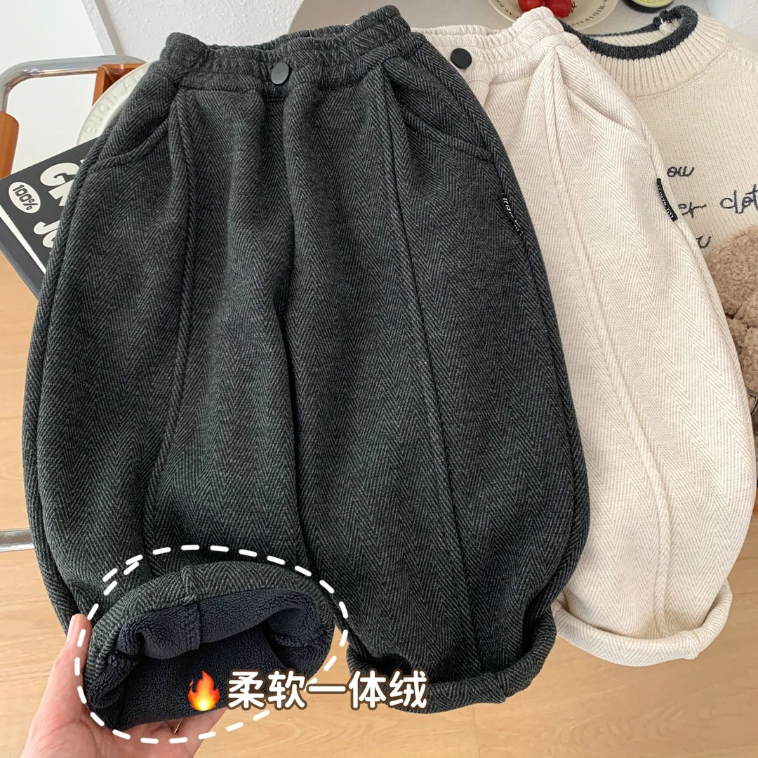 男童加绒休闲裤秋冬保暖百搭2025新款儿童人字纹弹力柔软呢子长裤