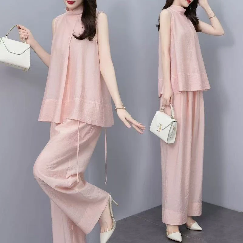 夏天粉色套装女高腰阔腿裤无袖上衣宽松显瘦大码洋气阔腿裤两件套