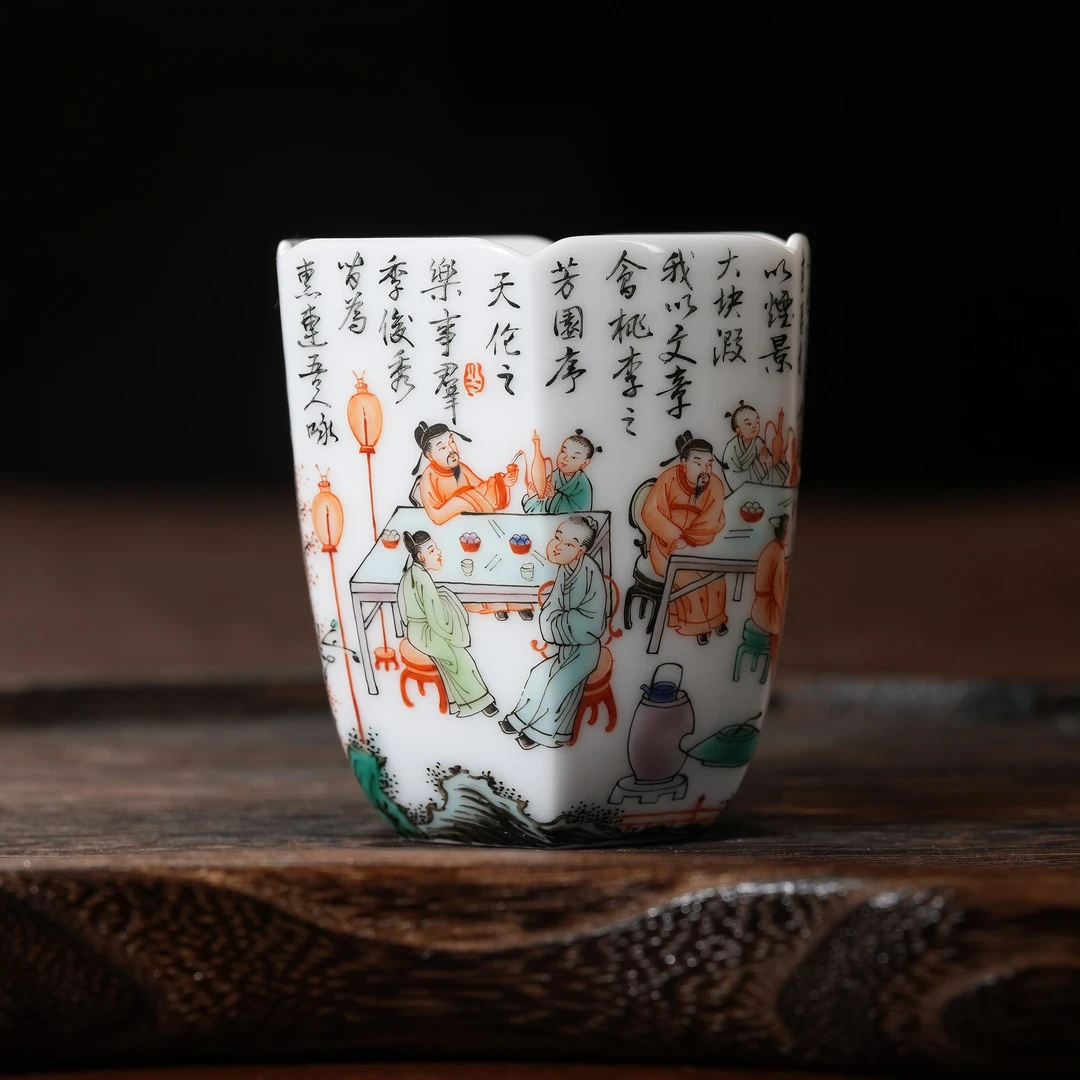 古彩春夜宴桃李园序六方杯 口径5.8 高度6.7 容量70-80 QGGY