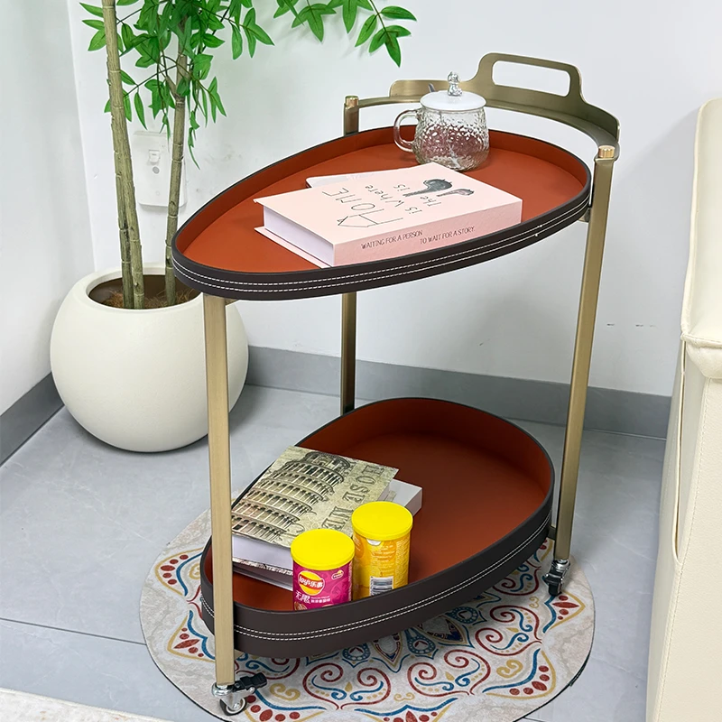 轻奢马鞍皮沙发边几角几小推车置物架移动带轮沙发边柜客厅小茶几
