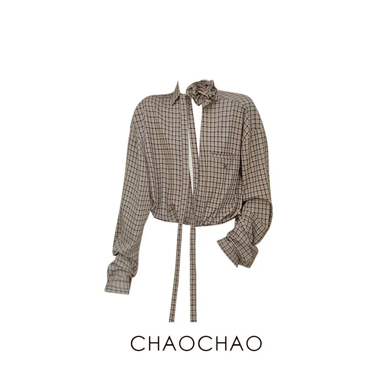 CHAOCHAO | 花朵飘带设计感格子衬衣女慵懒气质宽松简约长袖衬衫