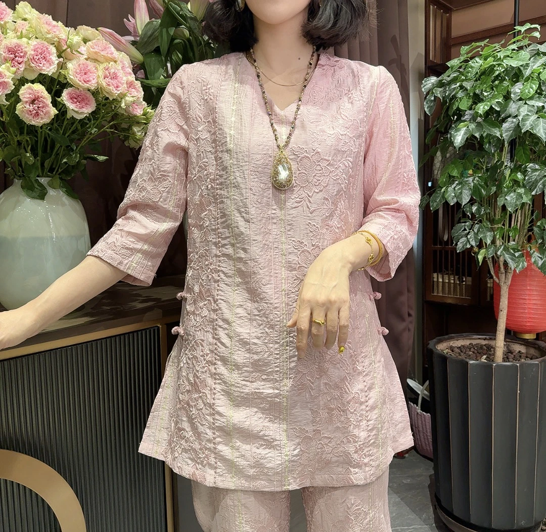 新中式苎麻刺绣V领上衣➕裤子两件套