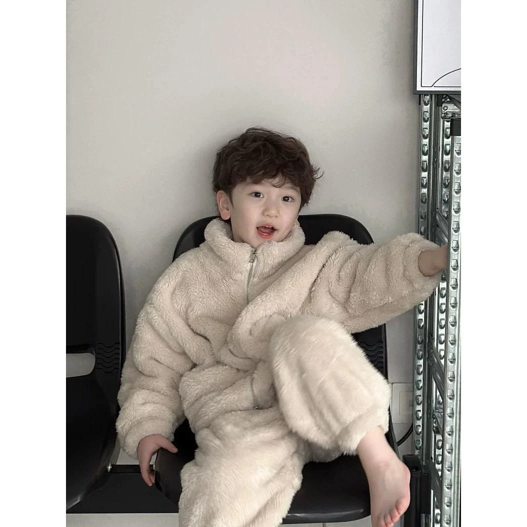 MN848冬新款家居服韩版纯色休闲宽松双面北极绒保暖睡衣儿童套