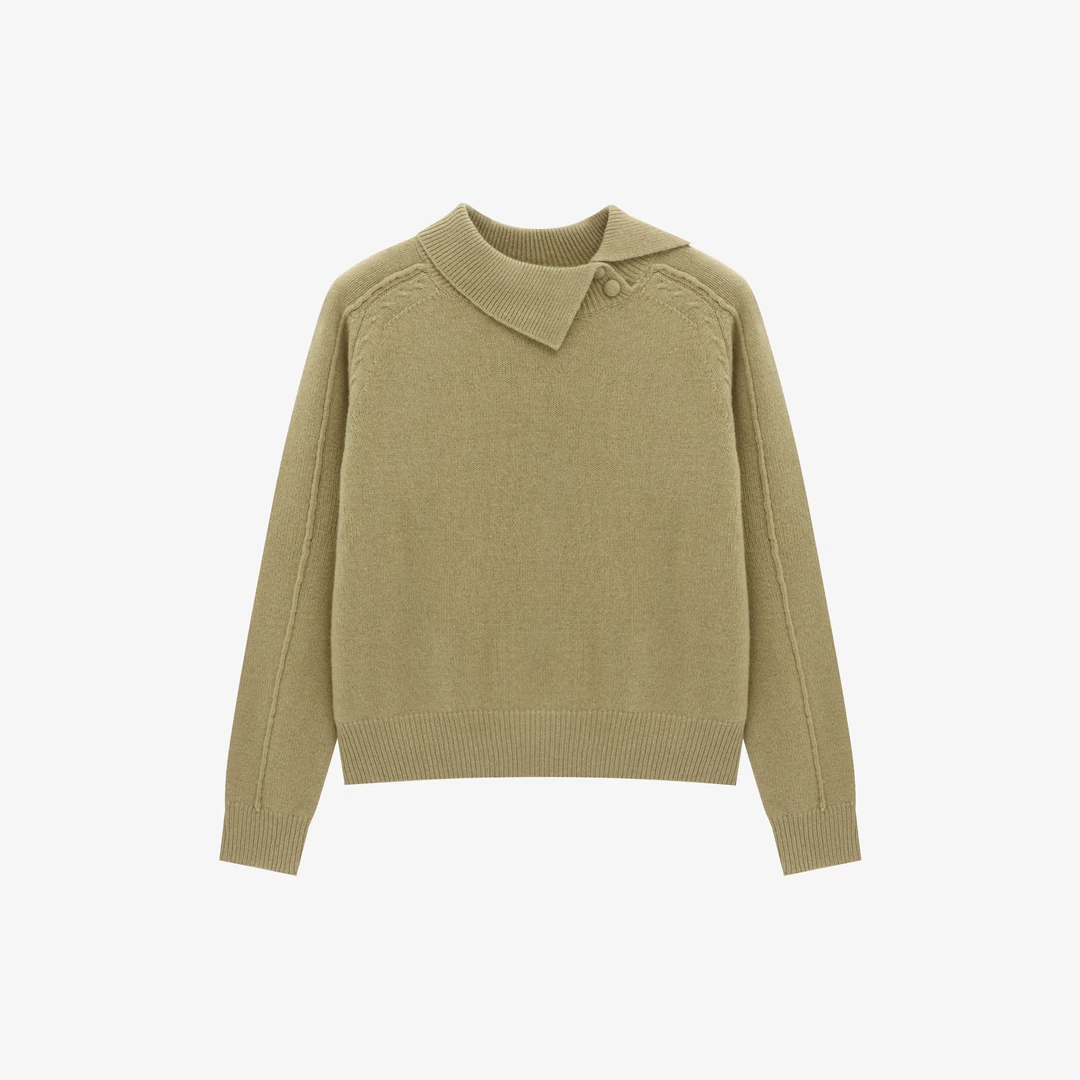 【三角巾】毛衣翻领时尚女圆领绞花宽松型衫100%羊毛衫-JKK001369